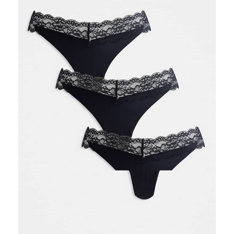 ONLY 3 pack lace trim seamless thong in black 112547299