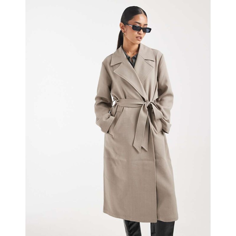 Object clean lightweight tailored tie waist trench coat in taupe