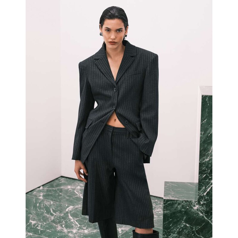 ASOS DESIGN longline bold shoulder blazer in black pinstripe