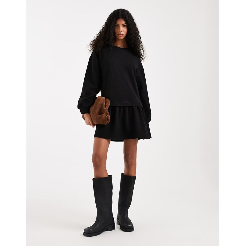 Miss Selfridge brushed rib smock dress with drop waist in black