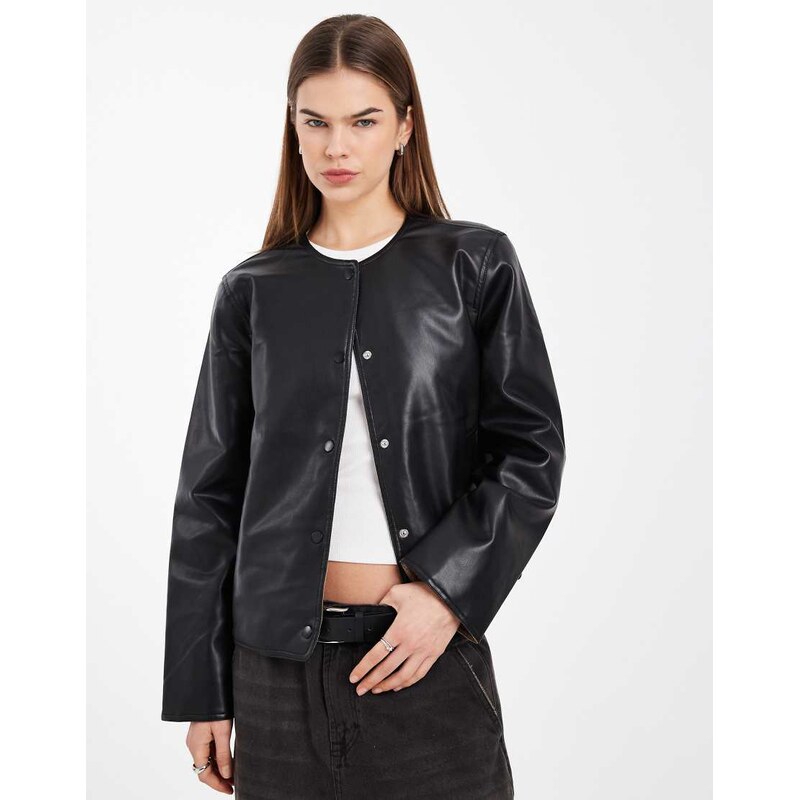 Vero Moda collarless faux leather short jacket with quilted lining in 112547354