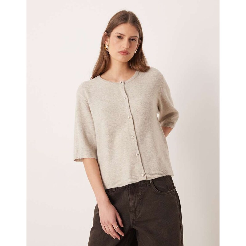 JDY pearl buttons short sleeve knitted cardigan in stone-Neutral