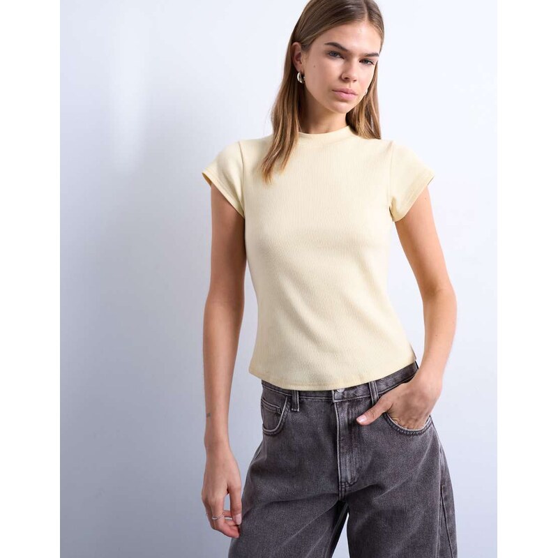 Topshop rib fitted curve hem tee in buttermilk-Yellow