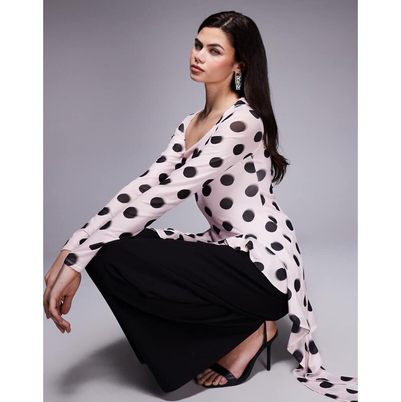 AFRM Doris asymmetric ruffle drape detail top in pink oversized polka 112547364