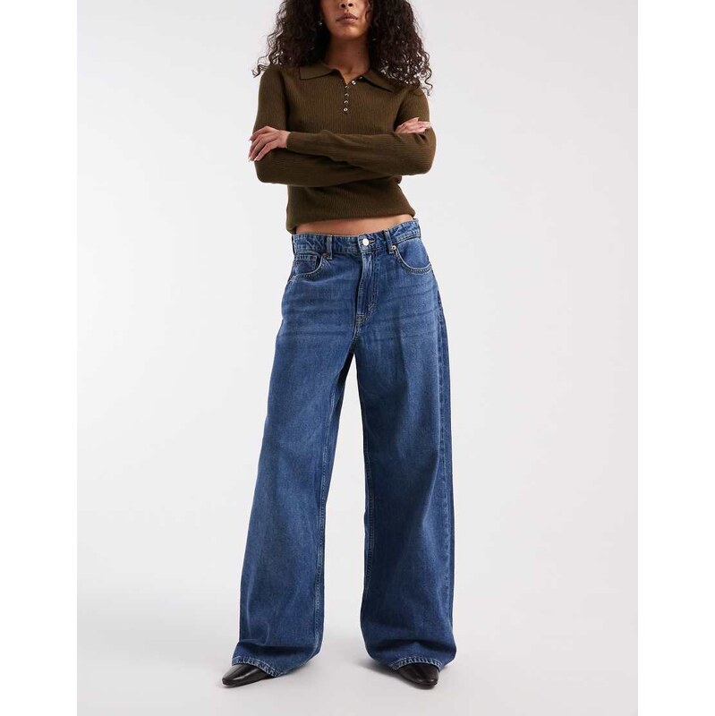 ONLY soft touch high waist wide leg jeans in mid blue