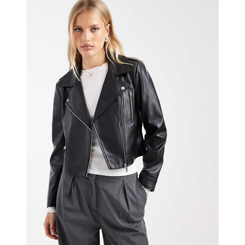 ONLY faux leather boxy biker jacket in black