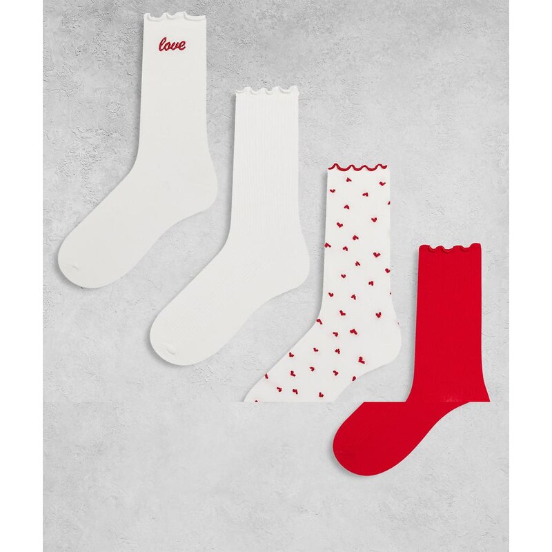 Lindex 4 pack lettuce edge valentines print socks in off white and red 112561796