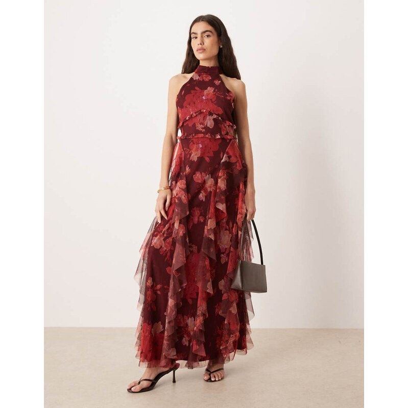 Lace & Beads halter neck ruffle maxi dress in deep rose print