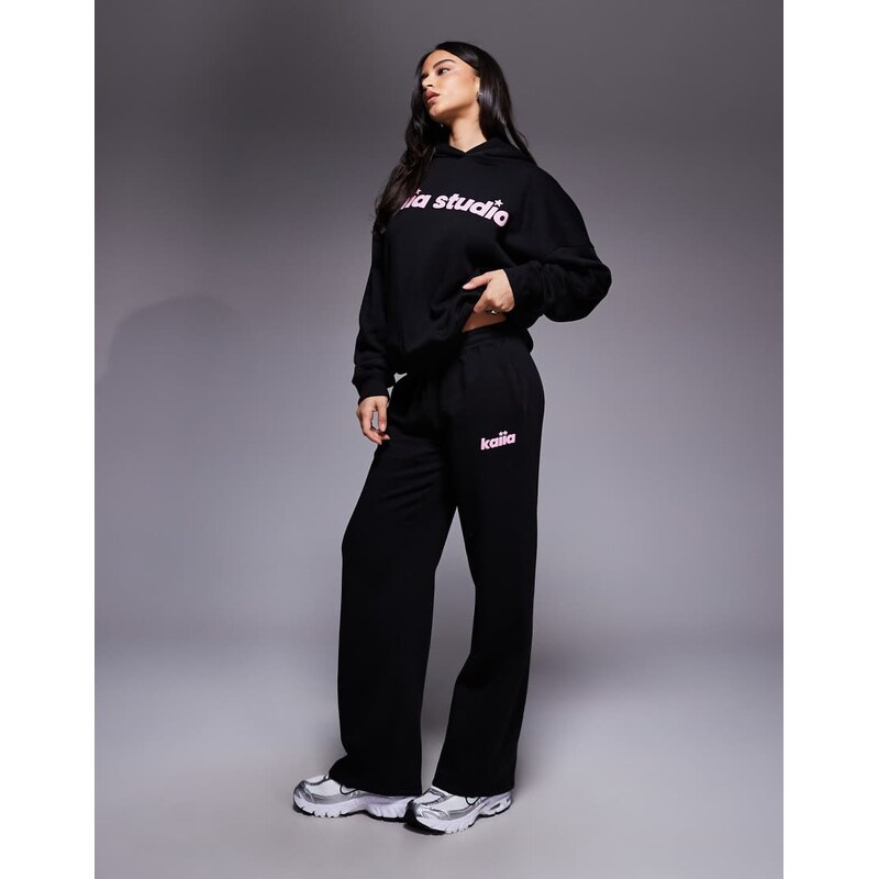 Kaiia Studio star logo wide leg jogger co-ord in black and pink 112696422