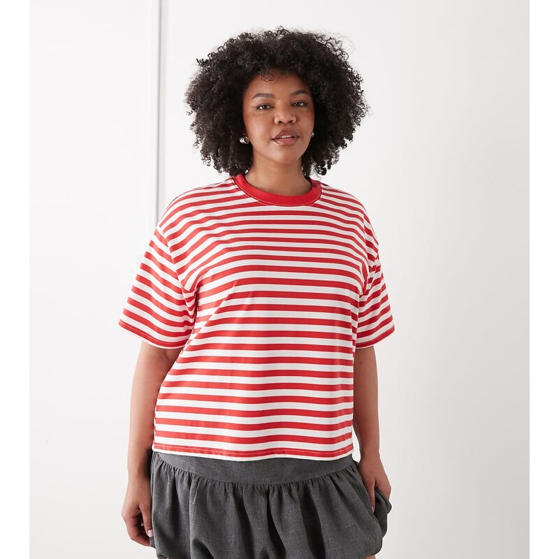 Noisy May Curve boxy tee in red stripe 115403066