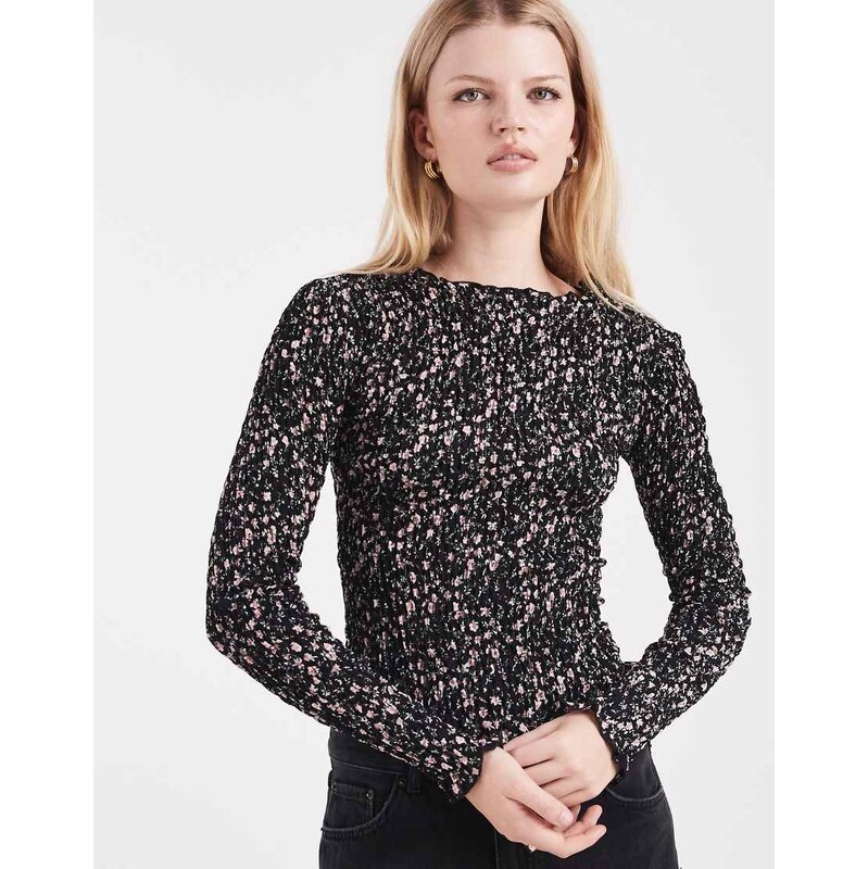 Daisy Street long sleeve shirred top in pink floral 114688037