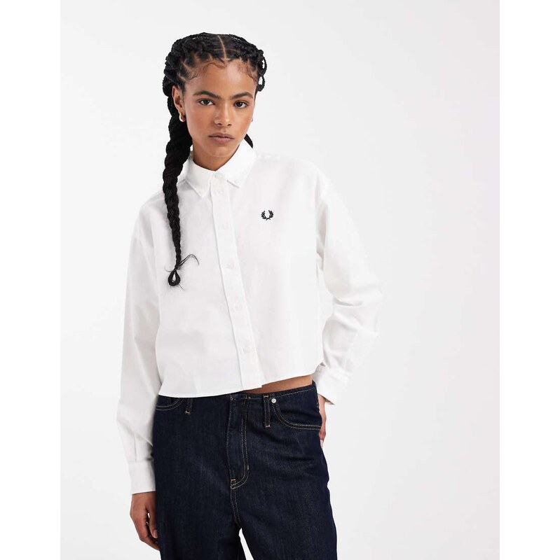 Fred Perry long sleeve button down logo shirt in white 112640273