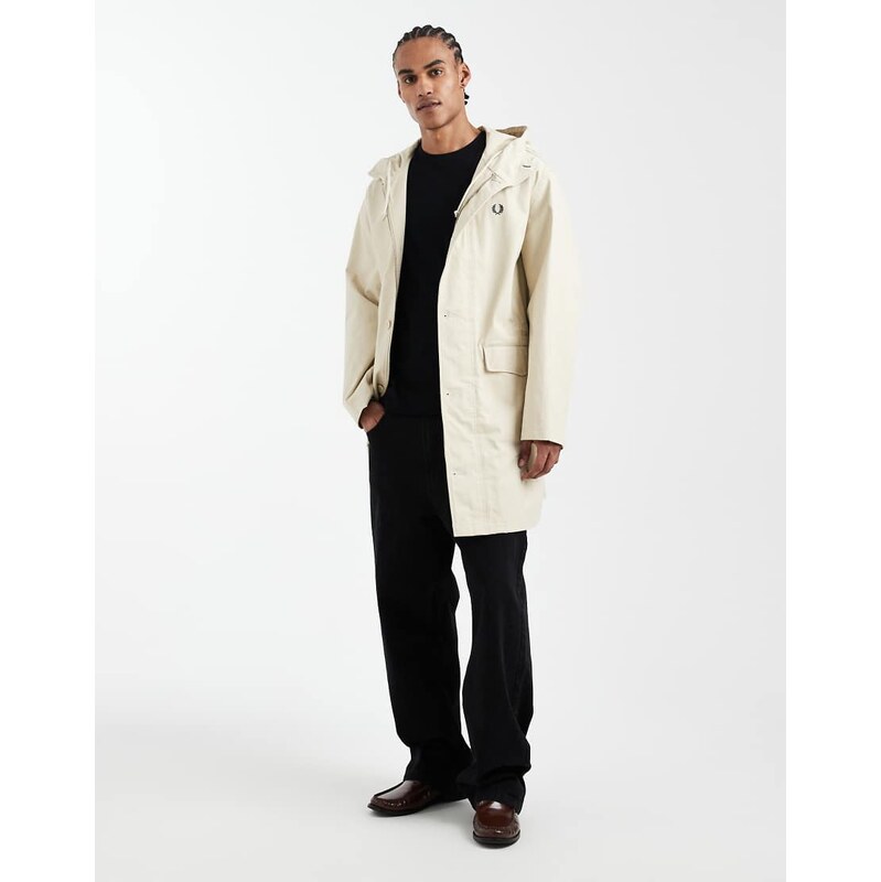 Fred Perry Groundsman long hooded logo parka jacket in off white