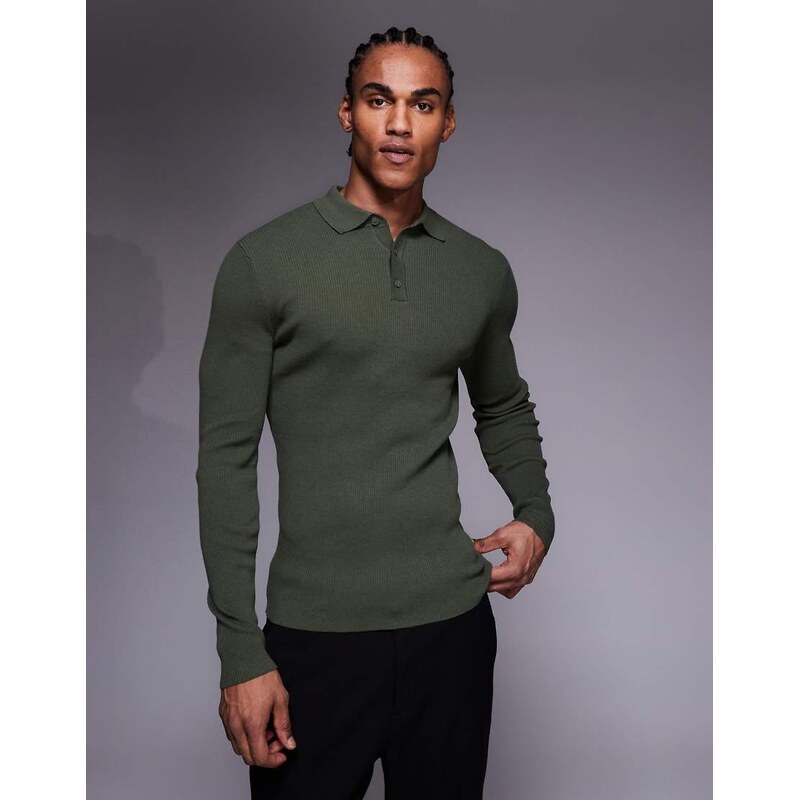 ASOS DESIGN Essential muscle-fit fine-rib knit polo in khaki