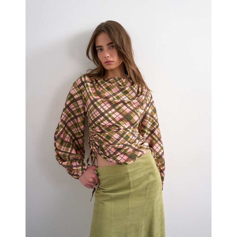 Topshop check print long sleeve ruched side top in multi-Pink