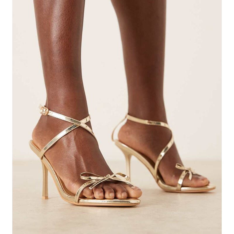 Glamorous Wide Fit barely there heeled sandals with bow in gold