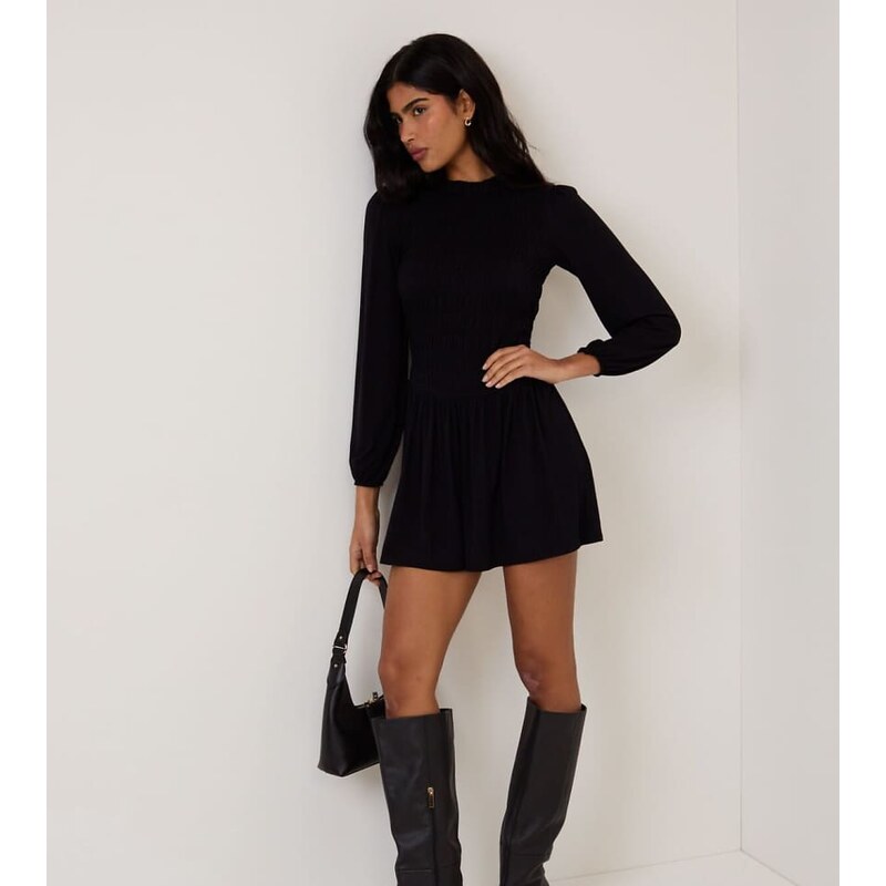 Nobodys Child Petite Siobhan shirred mini dress in black-Green