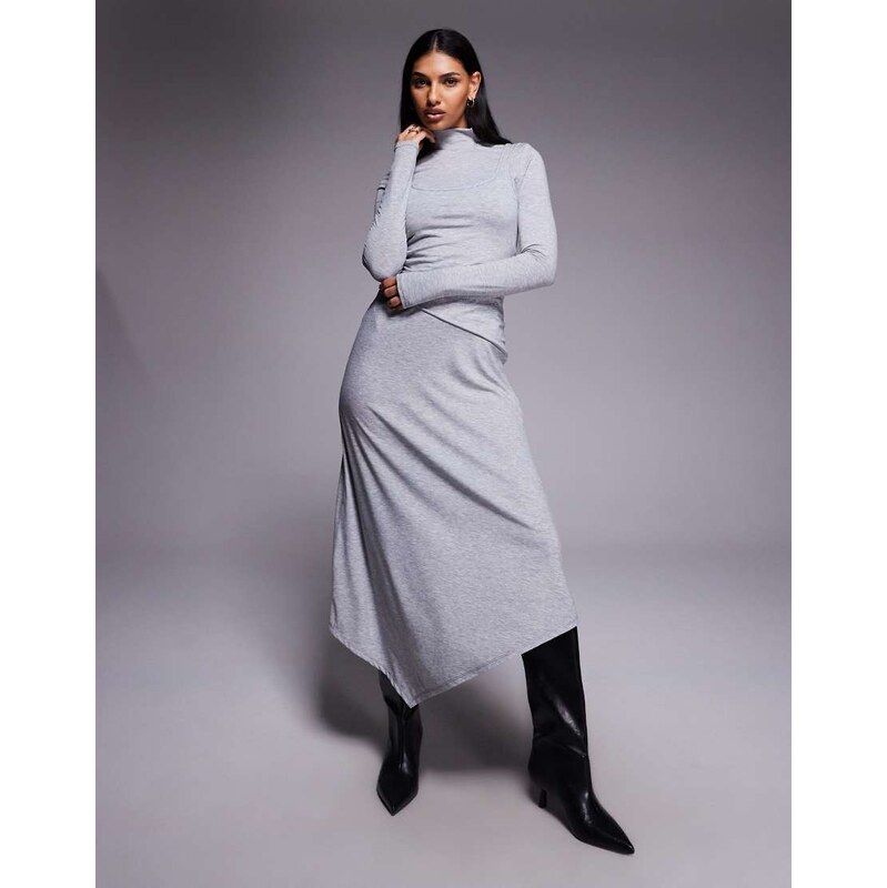 ASOS DESIGN long sleeve double layer hanky hem midi dress in grey marl