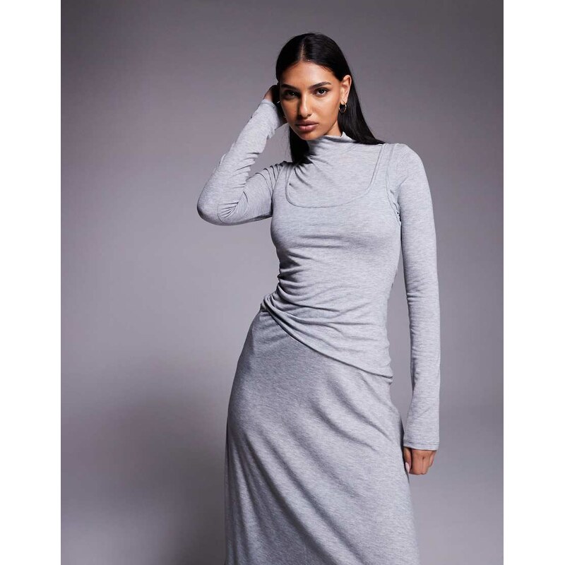 ASOS DESIGN long sleeve double layer hanky hem midi dress in grey marl