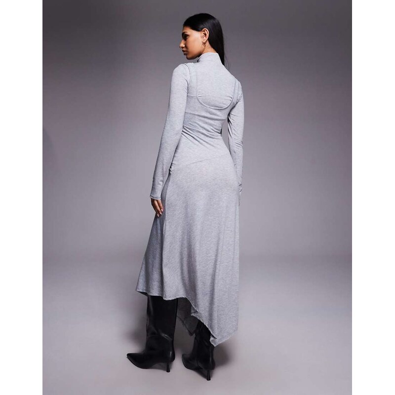ASOS DESIGN long sleeve double layer hanky hem midi dress in grey marl