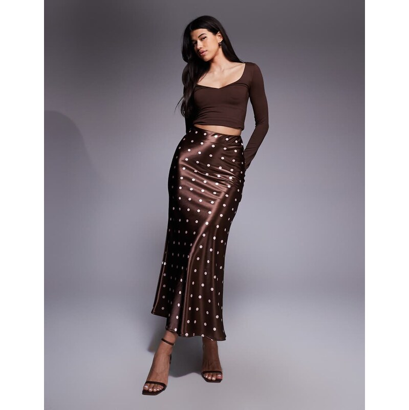 Rare London satin polka dot maxi skirt in chocolate & pink polka