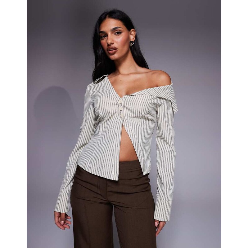 The Frolic exclusive asymmetric off shoulder detail split front