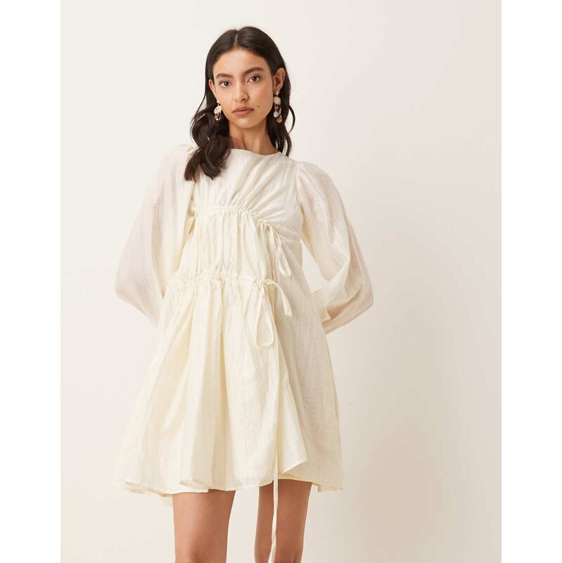 Ghospell exclusive gathered bow tie detail cinch sleeve mini dress in 112555003