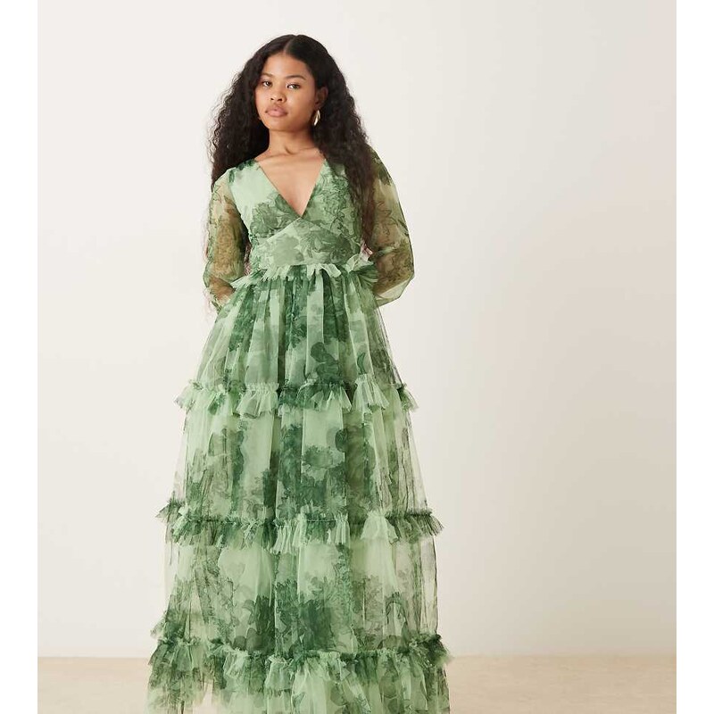 Lace & Beads Petite tulle plunge neck sheer sleeve tiered maxi