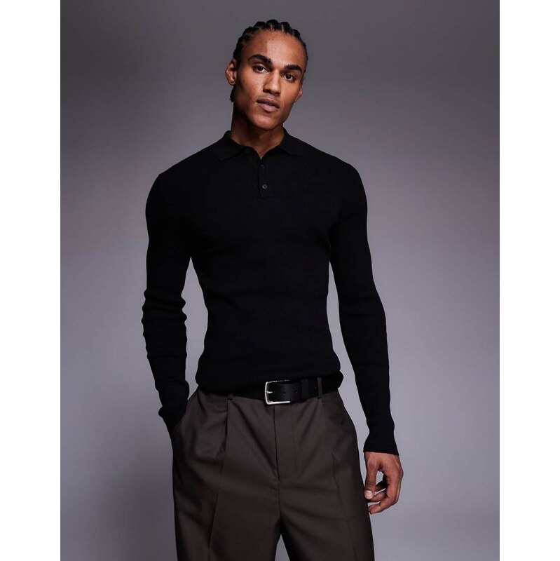 ASOS DESIGN Essential muscle-fit fine-rib knit polo in black