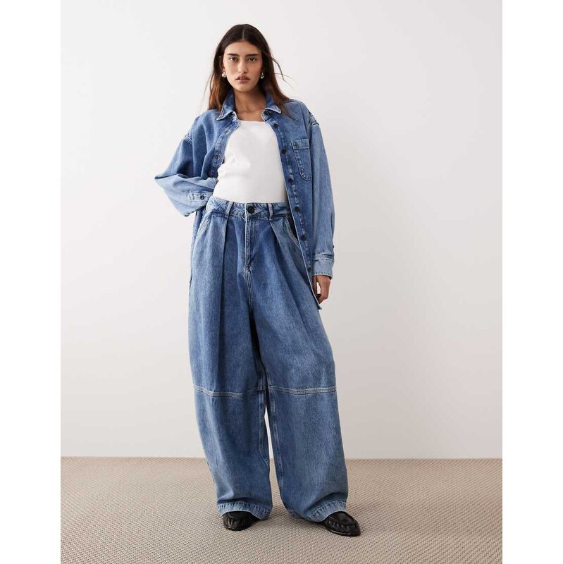 ARRANGE seam detail washed barrel co-ord jean in mid wash blue 112578041