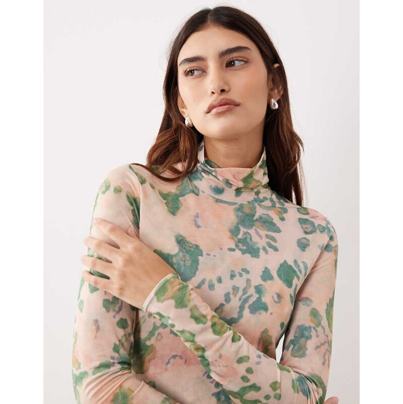 ARRANGE premium mesh abstract floral printed high neck long sleeve top 112578043
