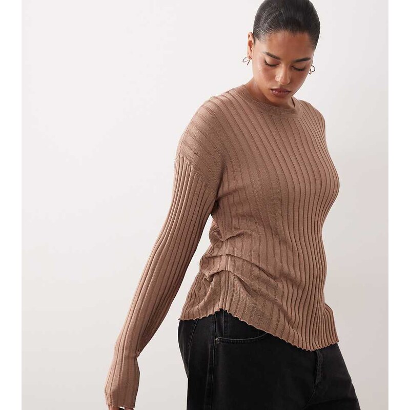 ARRANGE Curve fine rib long sleeve knit top in mocha-Brown