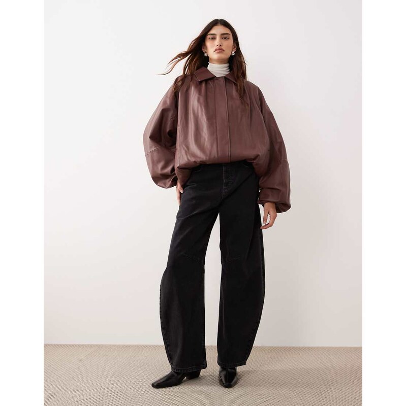 ARRANGE oversized leather bomber coat with balloon sleeve in