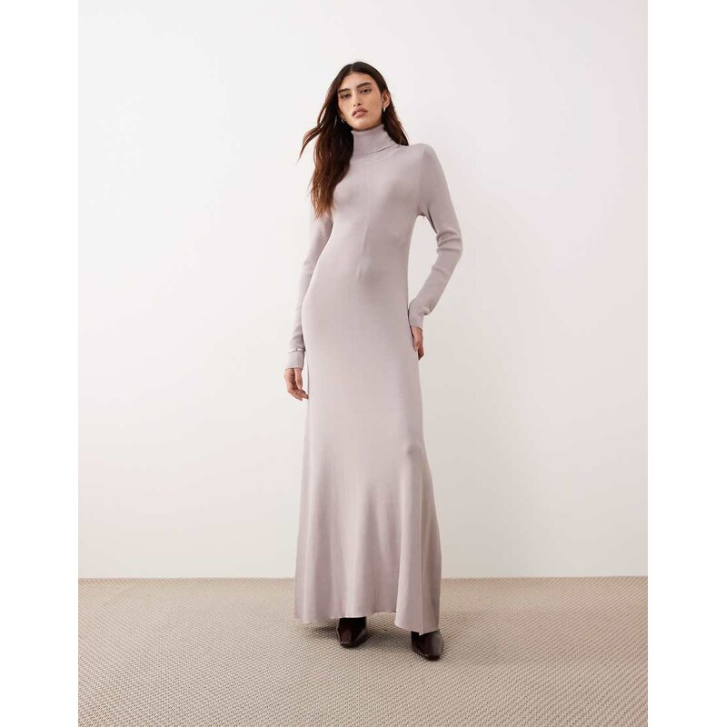 ARRANGE compact rib knit high neck maxi dress in soft grey 112578058