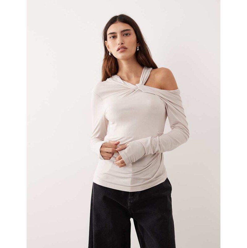 ARRANGE jersey twist neck long sleeve top in bone-Brown 112578063