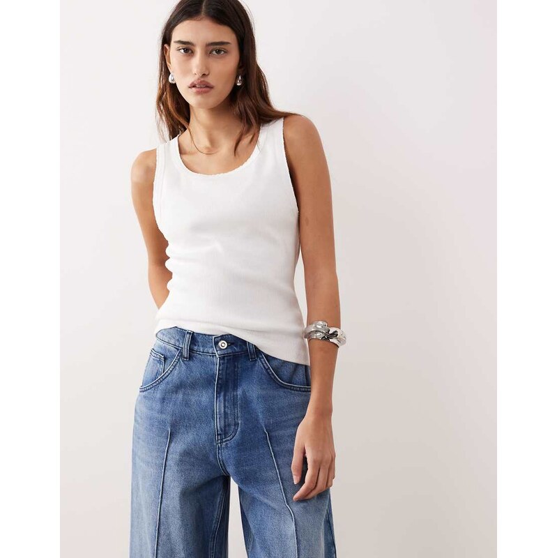 ARRANGE premium ribbed vest with raw cotton trim in white 112578070