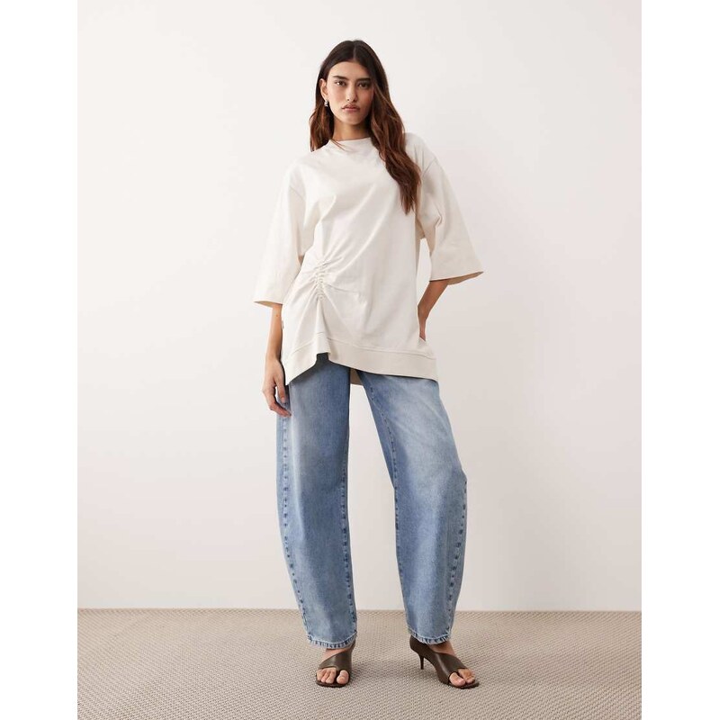 ARRANGE side ruched detail oversized tee in ecru-White