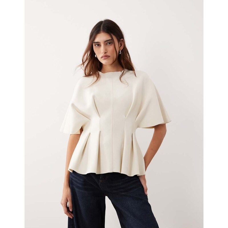 ARRANGE knit short sleeve cinched pleated top in oyster-White