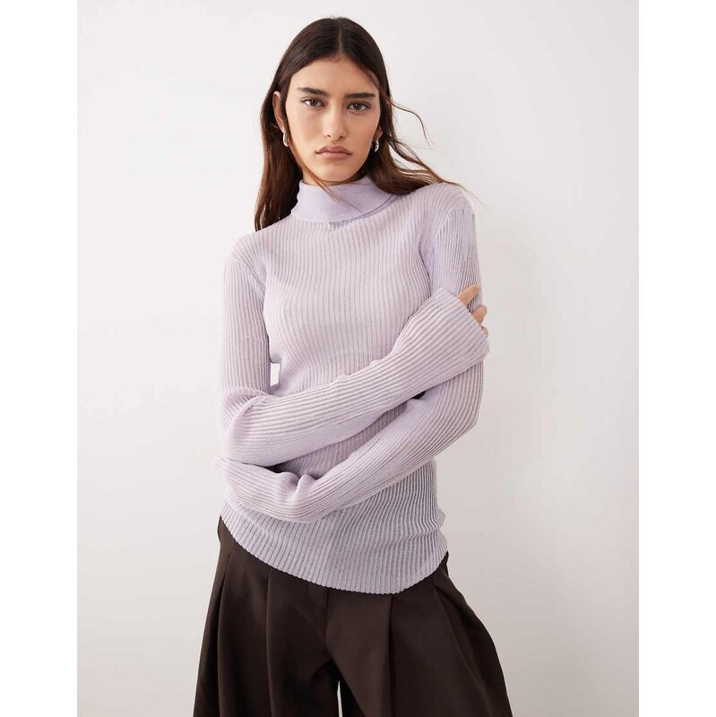 ARRANGE sheer knit long sleeve high neck top in soft lilac