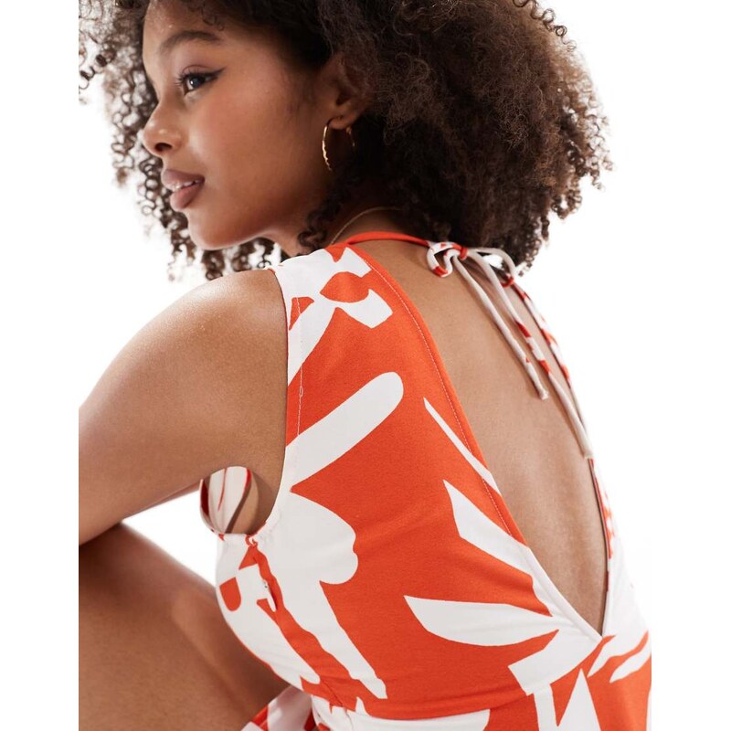 ONLY v neck a-line tie back mini dress in red abstract print