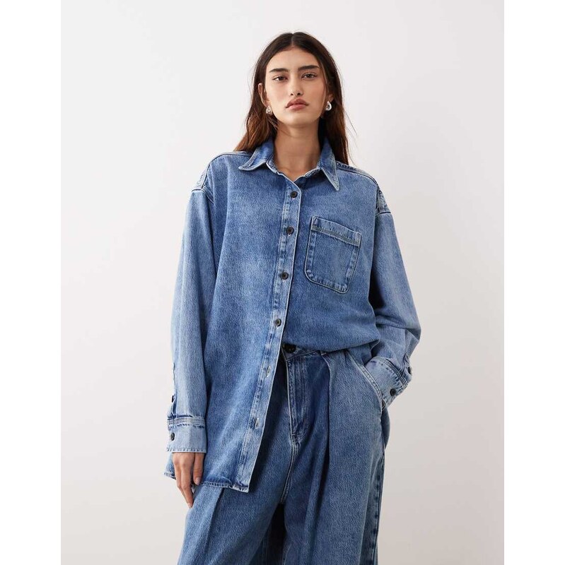 ARRANGE seam detail washed denim shirt co-ord in mid wash blue 112581055