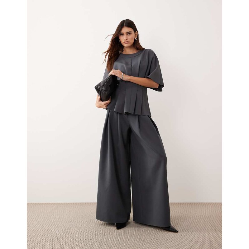 ARRANGE pleat waist tailored wide leg trouser co-ord in charcoal-Grey 113501823