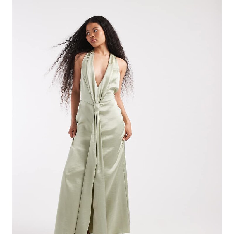 TFNC Petite Bridesmaid satin plunge halter neck tassel detail maxi 115518377