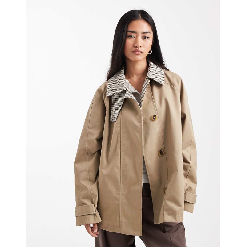 ASOS DESIGN cape detail trench with check liner in rye-Neutral 115524827