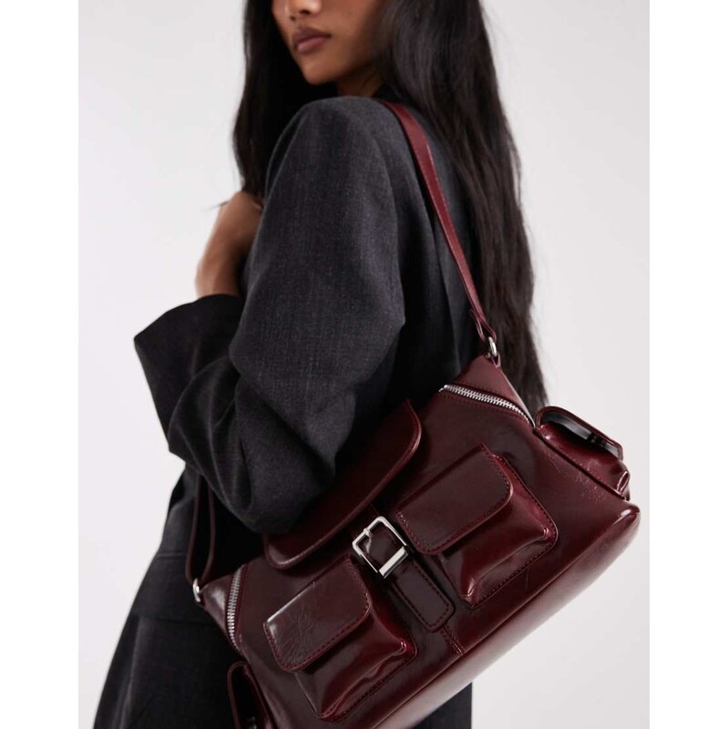Glamorous pocket detail shoulder bag in burgundy-Red