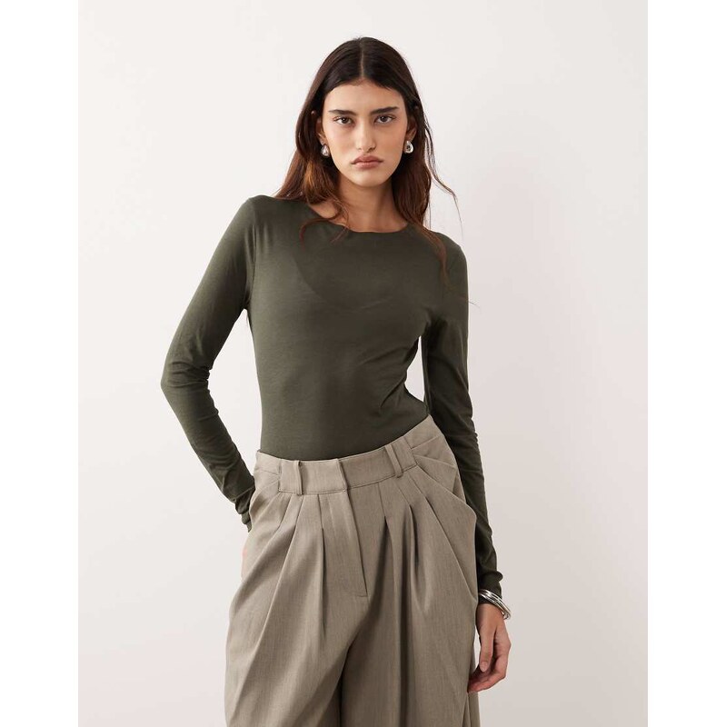 ARRANGE seam detail long sleeve jersey top in khaki-Green 112581075