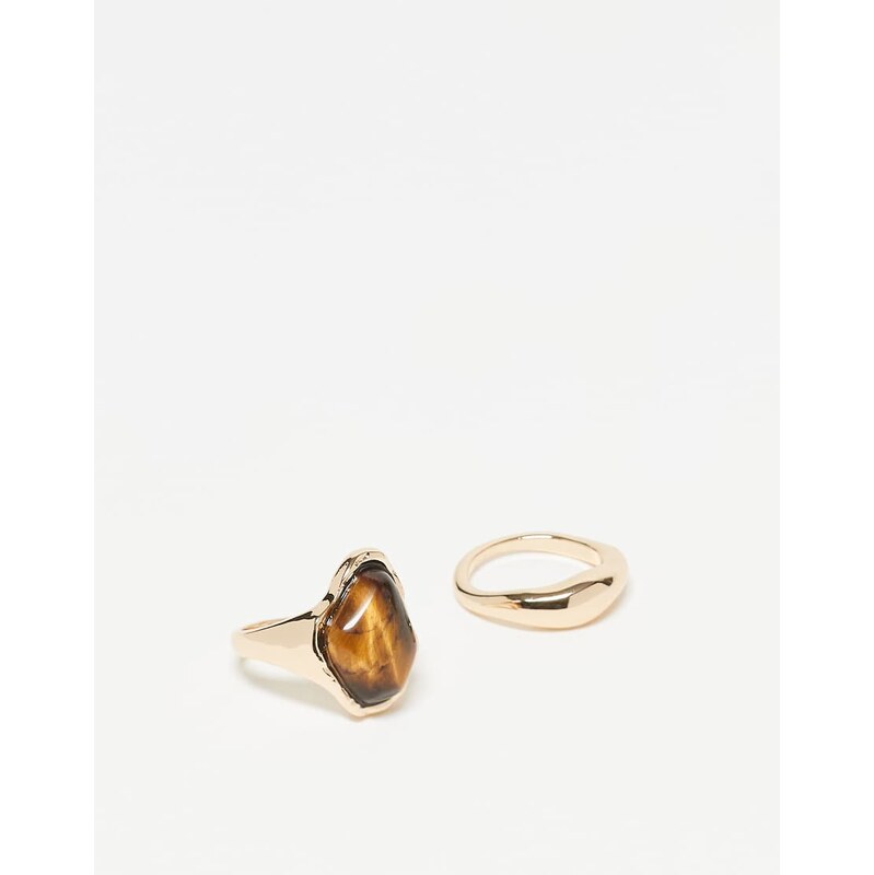 ASOS DESIGN pack of 2 rings with real semi-precious tigers eye stone 112639997