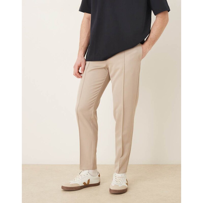 ASOS DESIGN tailored tapered trousers in stone with pintuck