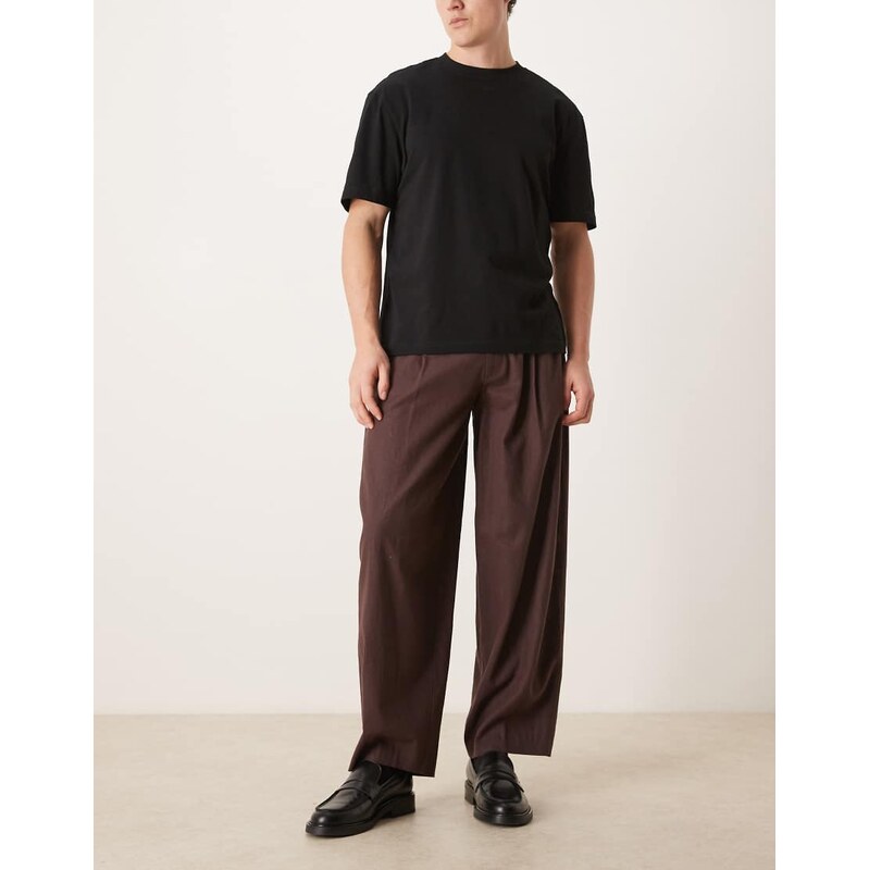 ASOS DESIGN tailored barrel leg trousers with linen in brown