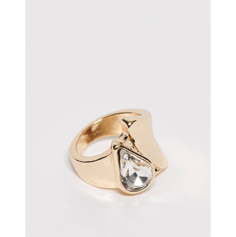 ASOS DESIGN clean ring with clear diamante stone in gold tone